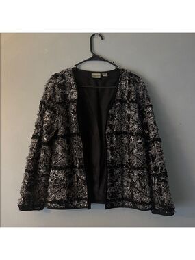 Chico’s Silk Blend Textured Open Front Jacket Blazer Women’s Size 8 Black Gray